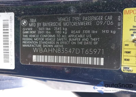 2007 BMW 750Li из США, поврежденный, VIN WBAHN83547DT65971